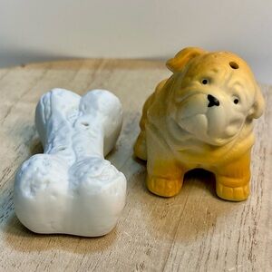 Bisque Salt and Pepper Shakers Bulldog and Bone Dog Puppy Pet Animal